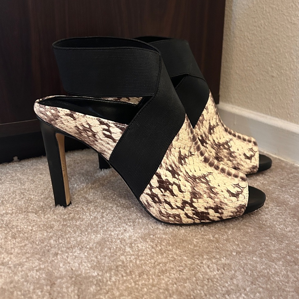 Women9s Black and Brown Snake-Print High Heel Sandals